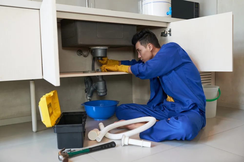 plumber in blue overalls clearing blockage in drain in Kuala Lumpur