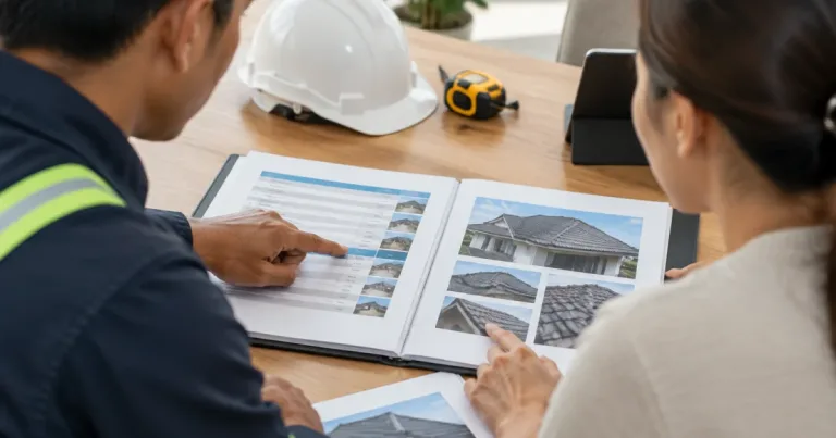 Kuala Lumpur roofing contractor and property owner reviewing an itemised roof repair quotation and inspection photos.